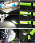 Collage showing Magnetic Underhood LED Work Light 2500LM, Rechargeable 5200mAh in various uses, including under car repair and adjustable angles.