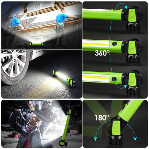 Collage showing Magnetic Underhood LED Work Light 2500LM, Rechargeable 5200mAh in various uses, including under car repair and adjustable angles.