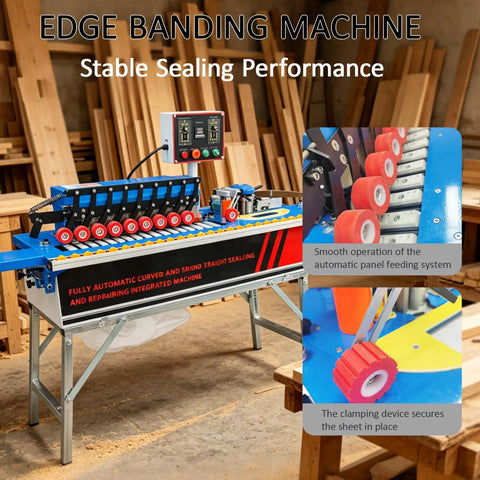 Knockout Automatic Woodworking Edge Bander For Curved And Straight Boards dual hot melt glue machine with red rollers and control panel.