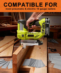 Built Tough 304 Stainless Steel Finish Nails 1200 Count 16 Gauge Bundle on pneumatic nailer with wood panels.