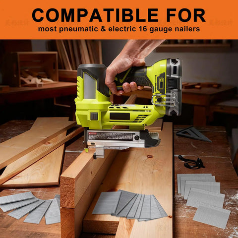 Built Tough 304 Stainless Steel Finish Nails 1200 Count 16 Gauge Bundle on pneumatic nailer with wood panels.