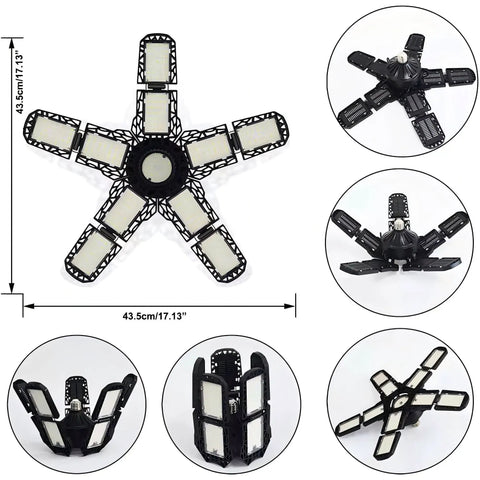 Five Leaf LED Garage Ceiling Lights Pack Of 2, 18000 Lumens, 180W shown with foldable panels and size dimensions