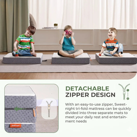 Kids playing on Comfy Tri Fold 4 Inch Mattress Topper Medium Firm Portable Foldable Bed Topper With Washable Cover And Non Slip Base