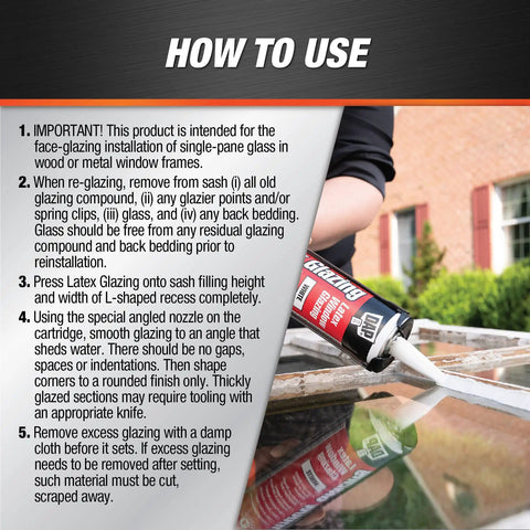 Person applying Latex Window Glazing Sealant White 10.1 Oz For Wood And Metal Window Frames Holds Glass In Place
