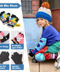 Child wearing Kid Friendly Knee And Elbow Pad Set with Pro Grade Bike Gloves for Ages 2-11 featuring dinosaur design, small size.