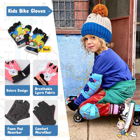 Child wearing Kid Friendly Knee And Elbow Pad Set with Pro Grade Bike Gloves for Ages 2-11 featuring dinosaur design, small size.