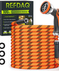 REFDAQ 100 ft orange garden hose with 10-function spray nozzle, coiled beside three black hose washers.