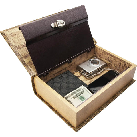 Antique Map Book Safe With Key Lock And Hidden Diversion Magnetic Closure Stash Ready Steel Compartment For Cash Jewelry Valuables Discreet On Shelf Security Safe For Home Or Office showing interior with cash and camera