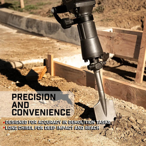 1-1/8 Inch Hex Clay Spade Jack Hammer Bit in action on clay ground, showing precision and convenience in demolition tasks.