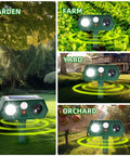 Solar Ultrasonic Animal Deterrent With Motion Sensor And LED Strobe Dual Action Critter Repeller in garden, yard, farm, orchard