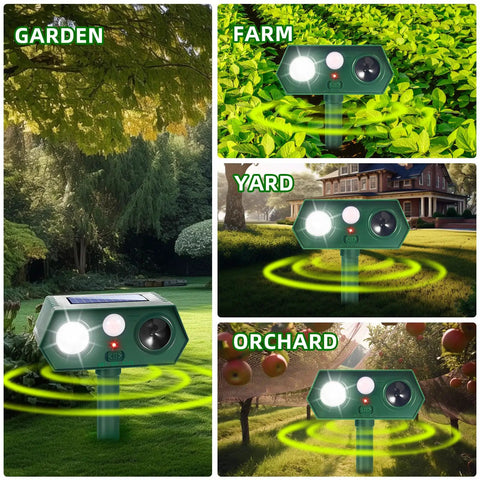 Solar Ultrasonic Animal Deterrent With Motion Sensor And LED Strobe Dual Action Critter Repeller in garden, yard, farm, orchard