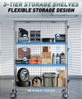 Heavy Duty Chrome Wire Security Cart Nsf Listed Mobile Storage Cage Kit with three adjustable tiers storing various items.