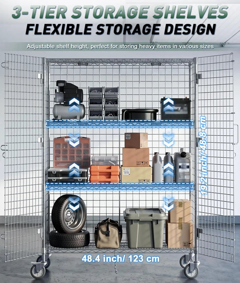 Heavy Duty Chrome Wire Security Cart Nsf Listed Mobile Storage Cage Kit with three adjustable tiers storing various items.