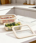 Square Glass Food Storage Containers With Glass Lids For Grab And Go Meals Microwave Safe Borosilicate Glass Leakproof Meal Prep Set BPA Free Removable Colander Silicone Lid 2 Pack on counter with vegetables.