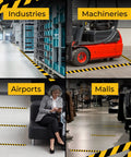 2 Inch By 108 Foot Black And Yellow Floor Safety Tape With Heavy Duty Adhesive Waterproof And Tear Resistant For Indoor Outdoor Use Built Tough For Floor Marking Walls Pipes Factories Construction Sites in various settings like industries, machineries, airports, and malls.