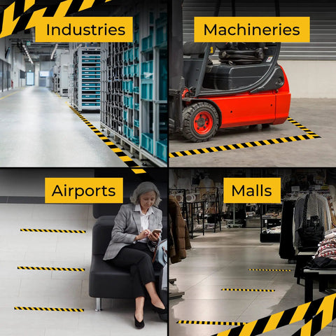 2 Inch By 108 Foot Black And Yellow Floor Safety Tape With Heavy Duty Adhesive Waterproof And Tear Resistant For Indoor Outdoor Use Built Tough For Floor Marking Walls Pipes Factories Construction Sites in various settings like industries, machineries, airports, and malls.