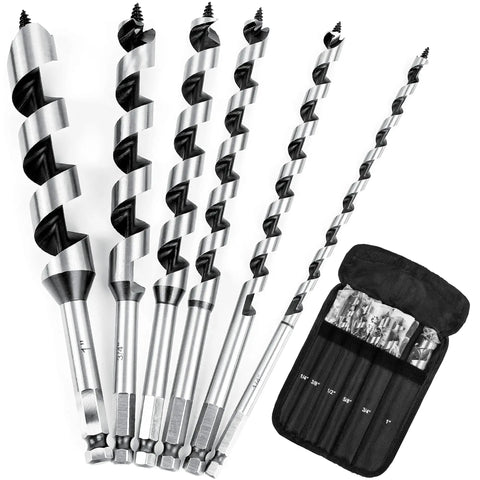 Six Piece Nine Inch Long Auger Drill Bit Set For Wood, Hex Shank, Includes One Quarter Inch to One Inch Bits, with Case