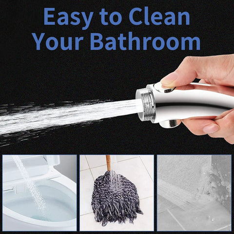 High Pressure Handheld Shower Head With On Off Switch Detachable Hose spraying water, easy to clean bathroom surfaces