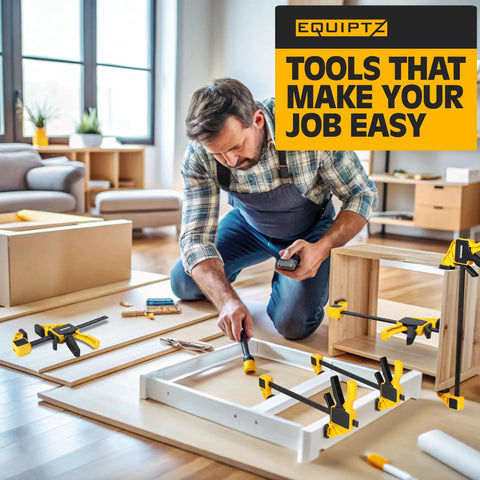 Man using Six Pack Bar Clamps For Woodworking And Diy Projects With Two 12 Inch And Four 6 Inch Quick Grip Clamps 150 Lbs Clamping Force