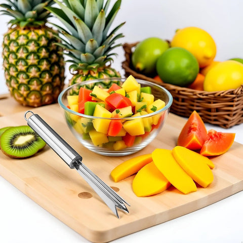 Pineapple Eye Remover Tool With V Shaped Stainless Steel Blade on cutting board beside fruit, showcasing multipurpose use.
