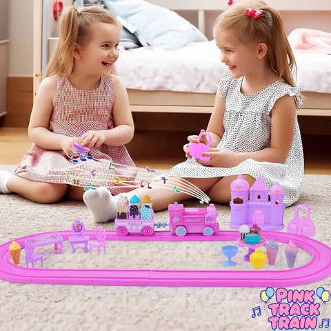 Kids playing with Pink Train Set For Toddlers And Kids With Light Up Tracks And Music, 38 Piece Car Toy Playset, castles, ice cream.
