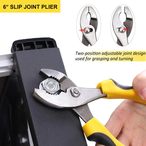 Six Inch Slip Joint Pliers with ergonomic yellow handles gripping a bolt, featured in Five Piece Pliers Set With Eight Inch Groove Joint Pliers, Seven Inch Linesman Pliers, Six Inch Long Nose Pliers, Six Inch Slip Joint Pliers, And Six Inch Diagonal Pliers For Quick Fixes Around The House And Everyday DIY Projects.