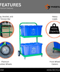 Tough As Nails Heavy Duty Recycle Bin Cart With Aluminum Frame And Stainless Steel Hardware Manages Four Hundred Pounds For No Sweat Weekly Trash Day Collection, features blue bins and rubber wheels.