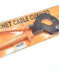 Ratcheting Cable Cutter For Copper And Aluminum Wire, Heavy-Duty Hand Tool in packaging, compact design with orange handles.