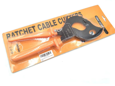 Ratcheting Cable Cutter For Copper And Aluminum Wire, Heavy-Duty Hand Tool in packaging, compact design with orange handles.