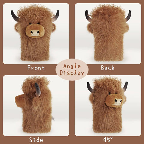 Totally Funny Curly Highland Cow Golf Driver Headcover Plush Soft Cozy Animal Headcover for 420 460cc Drivers, front, back, side, 45° views