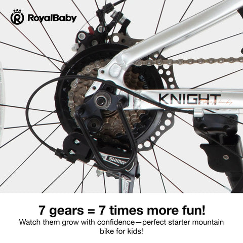 Close-up of gear system on Kids Mountain Bike 20 Inch Aluminum Frame With 7 Speed Gears, Suspension Fork, Front And Rear Disc Brakes.