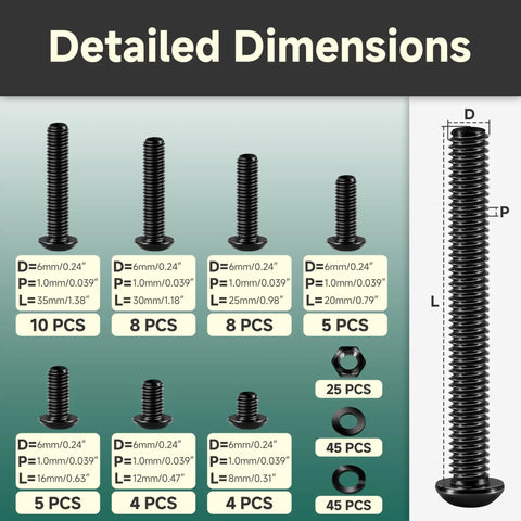 Detailed dimensions of Full Stack 159 Piece M6 Button Head Socket Cap Bolts Grade 10.9 Black Carbon Steel set with sizes.