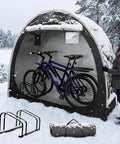 Easy Setup Bike Tent With Built In Bicycle Racks Outdoor Portable Storage Shelter For 2 Or 3 Bikes Weatherproof 210D Oxford Two Way Zipper Door Covers Motorcycle Gear Garden Tools And Lawn Mower shown in snowy environment