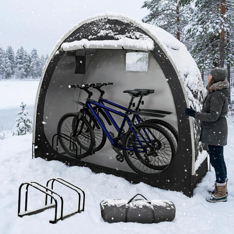 Easy Setup Bike Tent With Built In Bicycle Racks Outdoor Portable Storage Shelter For 2 Or 3 Bikes Weatherproof 210D Oxford Two Way Zipper Door Covers Motorcycle Gear Garden Tools And Lawn Mower shown in snowy environment