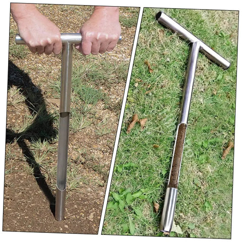 Soil Sampling Tool With T-Handle, Stainless Steel Core Probe for Contractors and DIY Farmers in field use and resting on grass