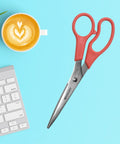 8 Inch All Purpose Stainless Steel Scissors For Paper Ribbon And Photos Red Handle Lightweight Comfort Grip Precision Cut Everyday Crafting Tool Ideal For Light Duty Projects, on blue desk