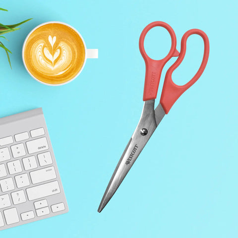 8 Inch All Purpose Stainless Steel Scissors For Paper Ribbon And Photos Red Handle Lightweight Comfort Grip Precision Cut Everyday Crafting Tool Ideal For Light Duty Projects, on blue desk