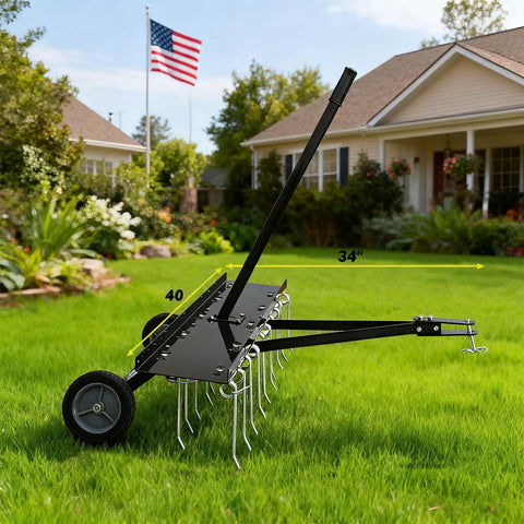 Tow Behind Dethatcher With 40 Inch Wide Working Surface And 20 Spring Steel Tines For Lawn Thatch Removal Compatible With ATVs And Mowers