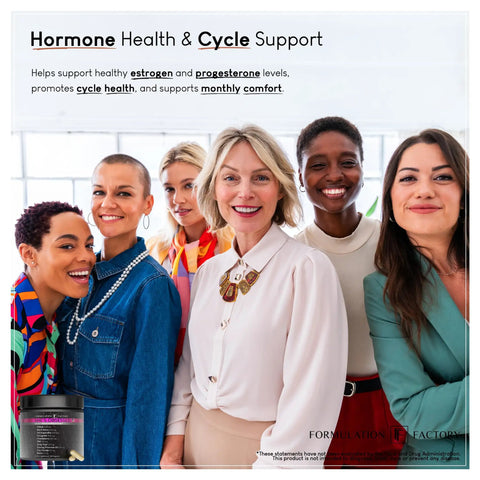 Group of women smiling, promoting She's Obsessed Vitality Complex With Maca Root And Ashwagandha for hormone balance and mood support.