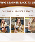 Person using 3in1 Leather Cleaner Wipes Extra Large 8x10 For Car And Home Leather Care on bags, sofa, and shoes in three panels.