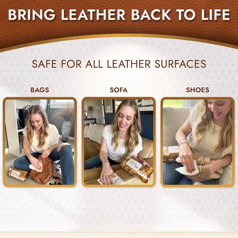 Person using 3in1 Leather Cleaner Wipes Extra Large 8x10 For Car And Home Leather Care on bags, sofa, and shoes in three panels.