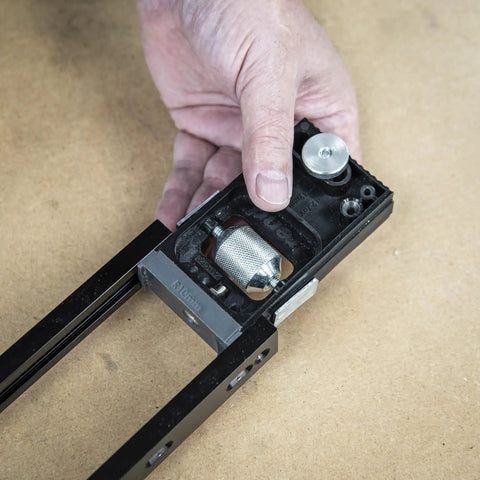 Adjustable Modular Door Hinge Router Jig For Timber Doors Fits Six Foot Eight Height Square And Ten Millimeter Radius Hinges, detailed view of the adjustment mechanism.