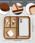 Snap Up This Dope Sand Brown Leather Valet EDC Tray to Sort Your Daily Essentials Watch and Change While Keeping Your Desk or Nightstand Clutter Free and Looking Fresh in Medium Size. Medium-sized leather tray features structured compartments, watch, phone, and earbuds.
