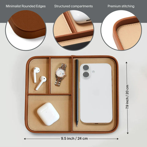 Snap Up This Dope Sand Brown Leather Valet EDC Tray to Sort Your Daily Essentials Watch and Change While Keeping Your Desk or Nightstand Clutter Free and Looking Fresh in Medium Size. Medium-sized leather tray features structured compartments, watch, phone, and earbuds.
