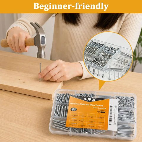Picture Hanging Nails And Wood Screws Kit With 205 Finishing Nails And 145 Flat Head Screws shown in use with hammer