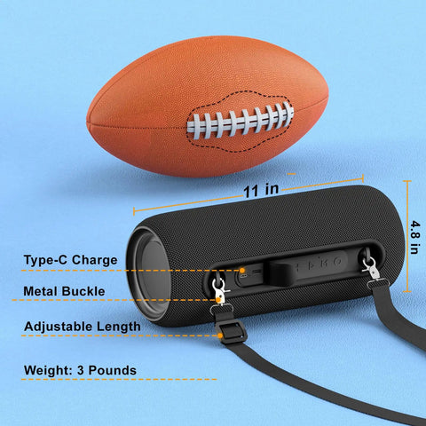 Portable Bluetooth Speaker With 40W Peak Power And Deep Bass From Dual Passive Radiators next to football for scale.