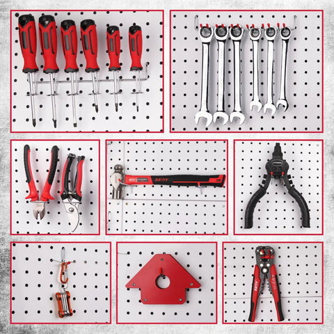 Tools on pegboard, part of All In One Pegboard Hooks Set For Garage And Workshop Organization, 121 Piece Chrome Plated Metal Hooks.