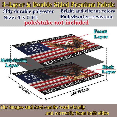 3 Ply 250th Anniversary USA Flag 3x5 Double Sided Outdoor Patriot Flag For 4th Of July We The People 1776 Decor Durable Polyester Weather Resistant With Brass Grommets Backyard Ready showing layers of double-sided print and measurements.