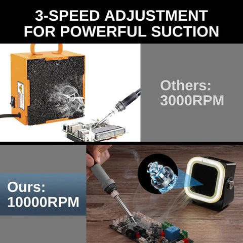 Hella Smooth Mini Solder Fume Extractor Featuring Three Speed Brushless Motor And Premium Activated Carbon Filter for effective smoke removal during soldering.