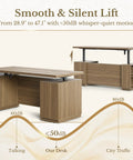 70 Inch L Shaped Electric Standing Desk With Heavy Duty Steel Frame And Smooth As Silk Height Adjustments Features Four Smart Memory Presets Built In File Cabinet AC USB Charging Ports Privacy Panel For An Ultimate Game Changer Workspace In Natural Oak shown with silent lift feature from 28.9" to 47.1".
